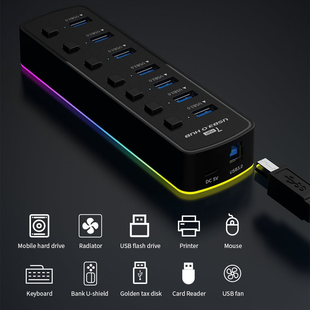 RGB USB 3.0 Hub 7 Ports Daten  – Esports Gaming Splitter Bewertung und Preis